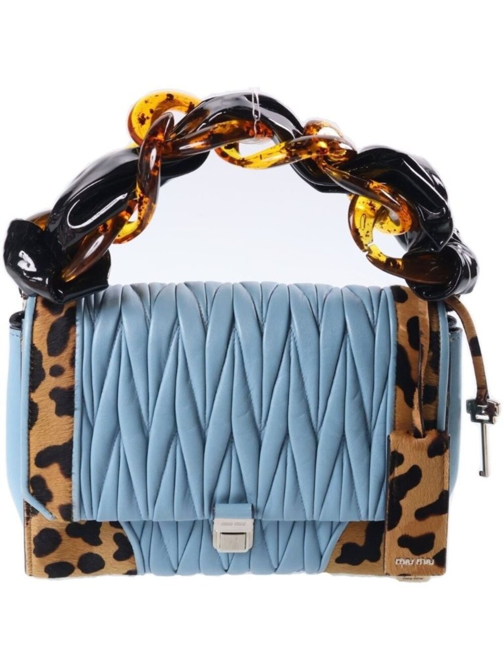 Miu Miu Matelasse Leopard 2-Way Chain Shoulder Bag Light Blue Brown Leather
